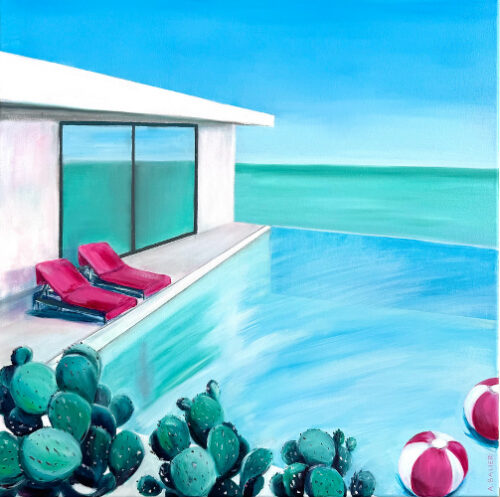 contemporary painting of a home with pool on the water