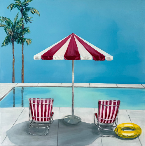 painting of a whimsical poolside scene