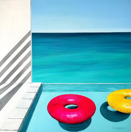 poolside scene acrylic painting