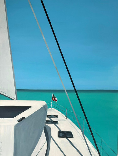 contemporary serene painting of a sailboat at sea
