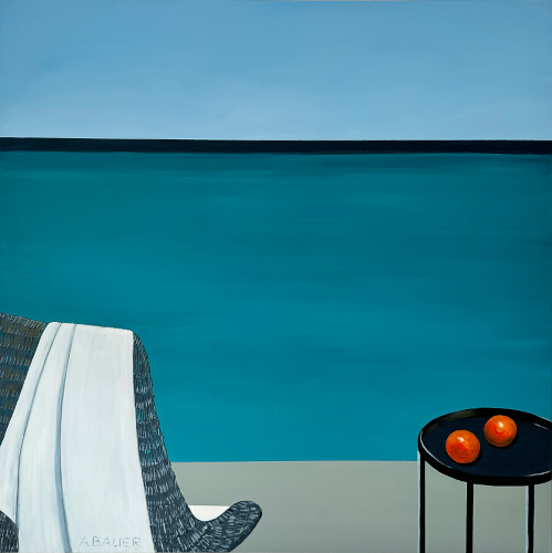 Calm acrylic painting of a chair and table with oranges at seaside