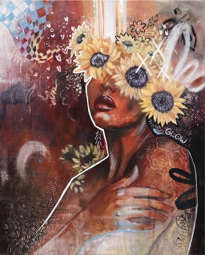 painting of a young woman and sunflowers