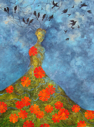 mixed media whimsical painting of a woman