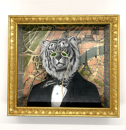 shadowbox humor collage of a tiger in a suit