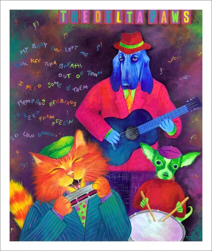 whimsical painting of a dog and cat band