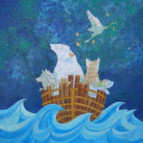 mixed media painting of animals in a boat