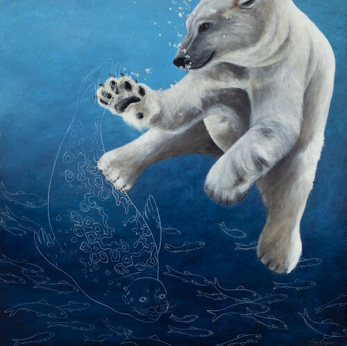 painting of a polar bear swimming
