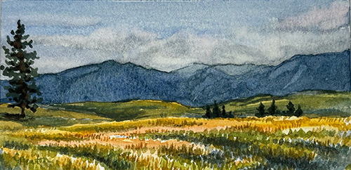 small watercolor painting of a mountain landscape