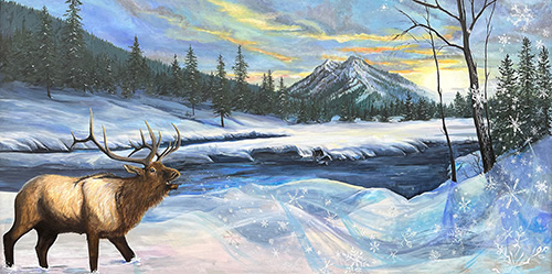 painting of an elk in a frozen winter landscape