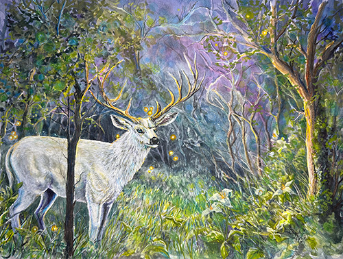 fantasy painting of a deer in a magic forest