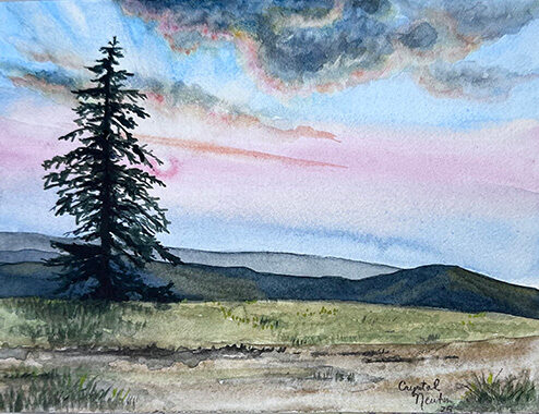 small watercolor painting of a landscape at sunset