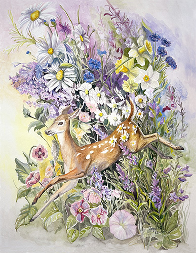 painting of a deer leaping in front of a floral bouquet