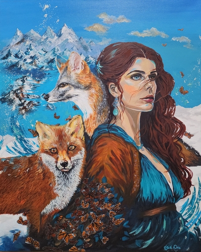 oil painting of a woman and fox