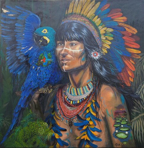 painting of a South American indigenous indian and macaw