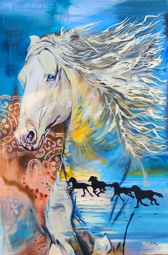 mixed media painting of a white horse