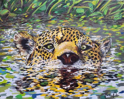 painting of a swimming jaguar