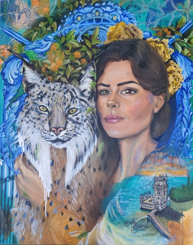 painting of a woman and a lynx