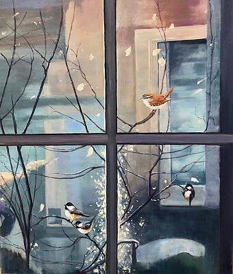 pastel painting of birds outside of a window