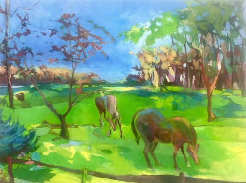 impressionistic landscape painting with horses