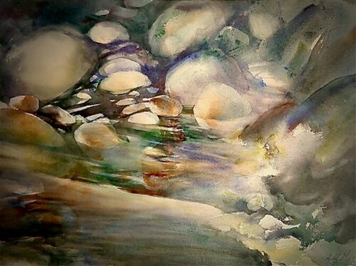 watercolor painting of a running river
