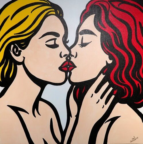 pop art painting of two women kissing