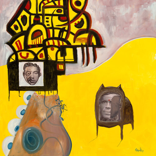 surreal collage with self-portrait and mixed media