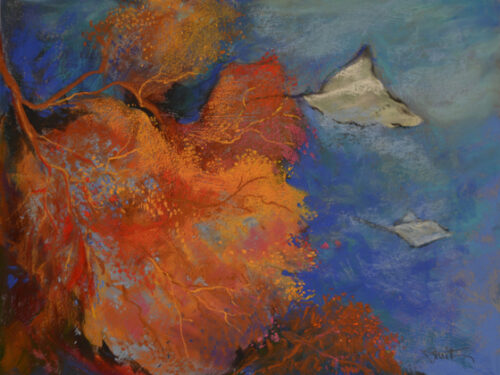 pastel painting of an underwater scene with rays