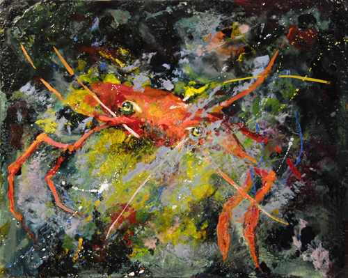 encaustic painting of a crab