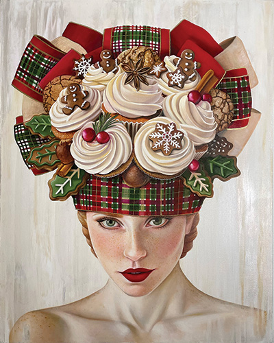 painting of a woman with cupcake headdress
