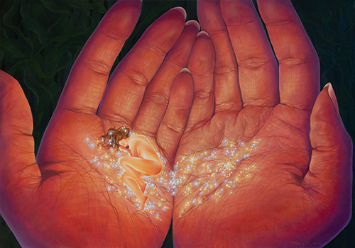 oil painting of hands holding stardust