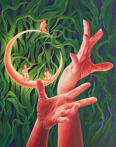 oil painting expressive hands and figures on a moon