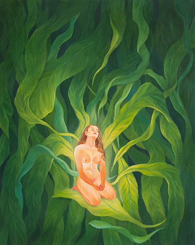 figurative painting woman sitting in a ray of light in nature