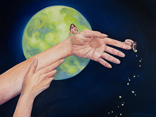 symbolic painting: planet, hands and a figure