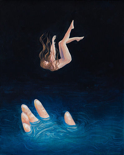 painting of a body falling in the darkness