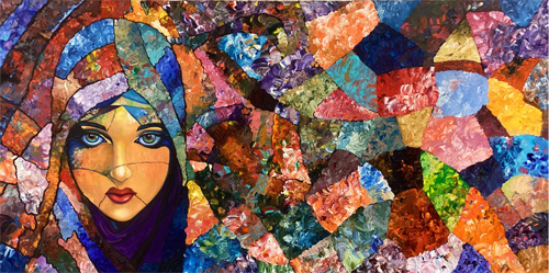 painting of a woman in a large colorful mosaic