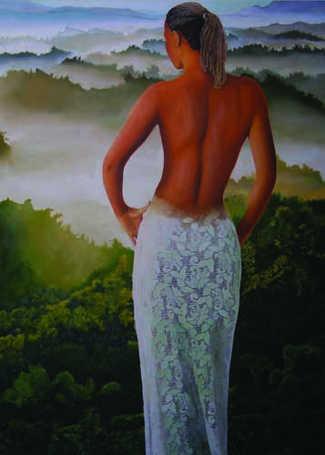 painting of a woman looking at a vista
