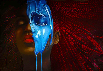 dramatic painting of a face with blue paint
