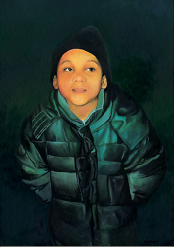 oil painting of a young boy waiting to play in the snow