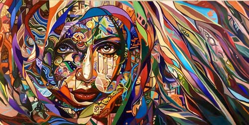 complex and colorful oil painting of a woman