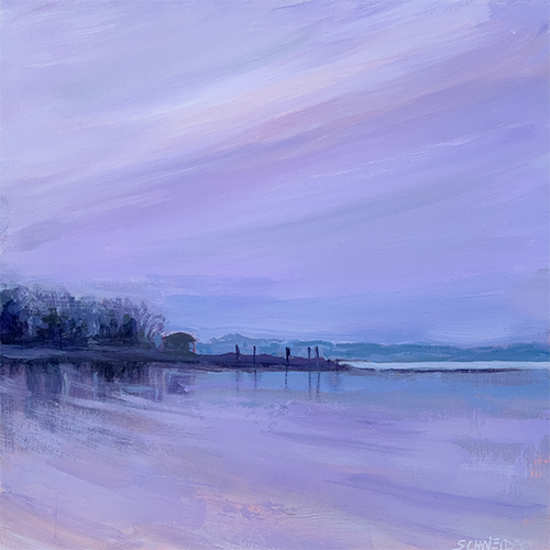 painting of a lavender sunset over a landscape