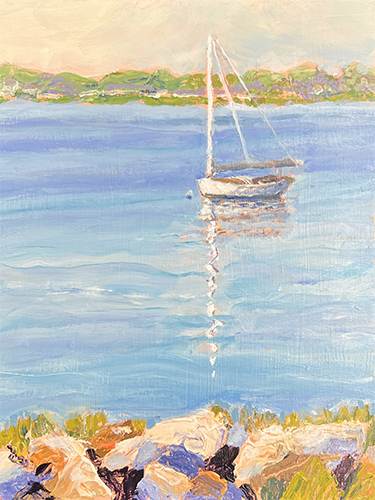 painting of a boat anchored in a harbor