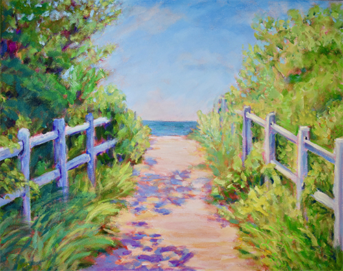 acrylic painting of a walkway to the beach