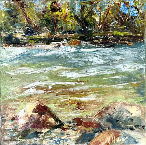 oil painting of a rushing river