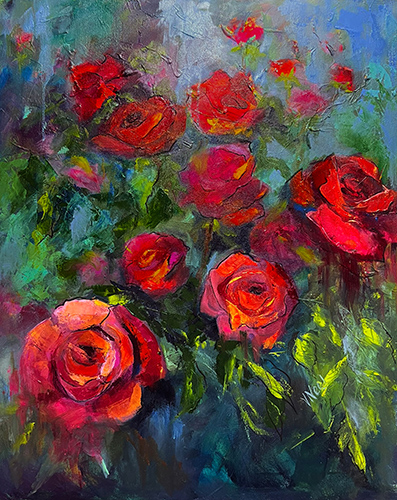 ol painting of a rosebush in bloom