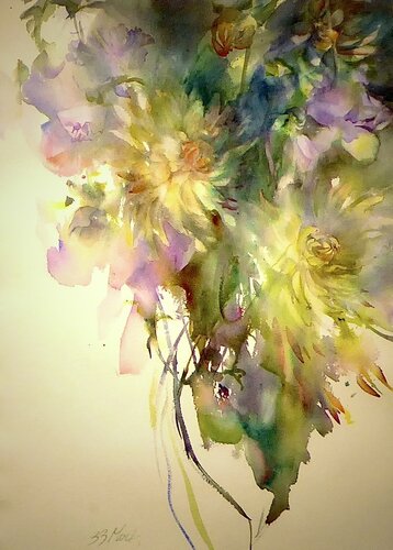 watercolor painting of dahlias