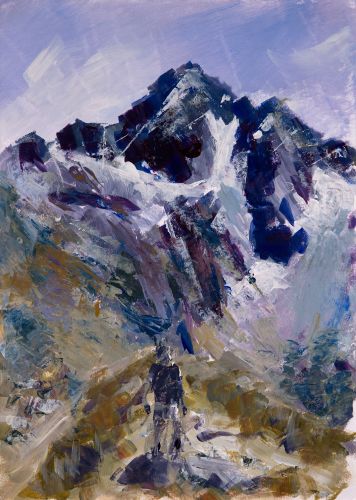 painterly style landscape of a mountain climber and peak