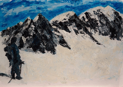 dramatic painting of a mountain climber in a mountain range