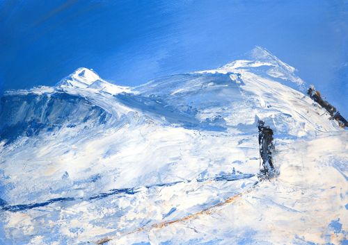 landscape painting of a climber in blinding snow-covered mountain landscape