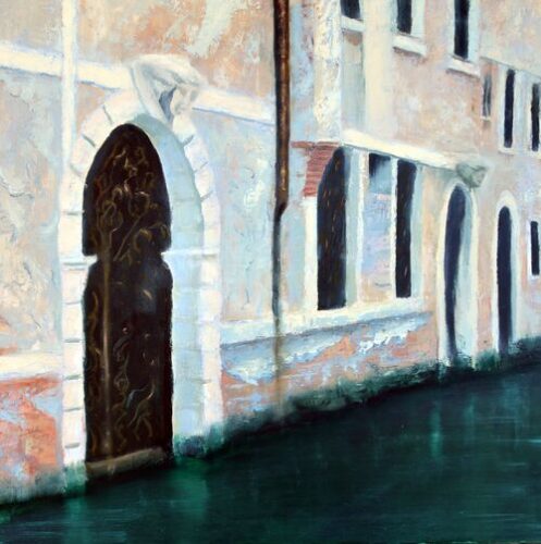 oil painting of a stone building