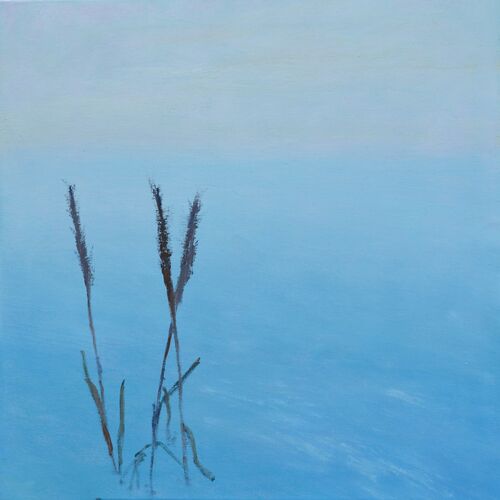 tranquil painting of reeds in the water